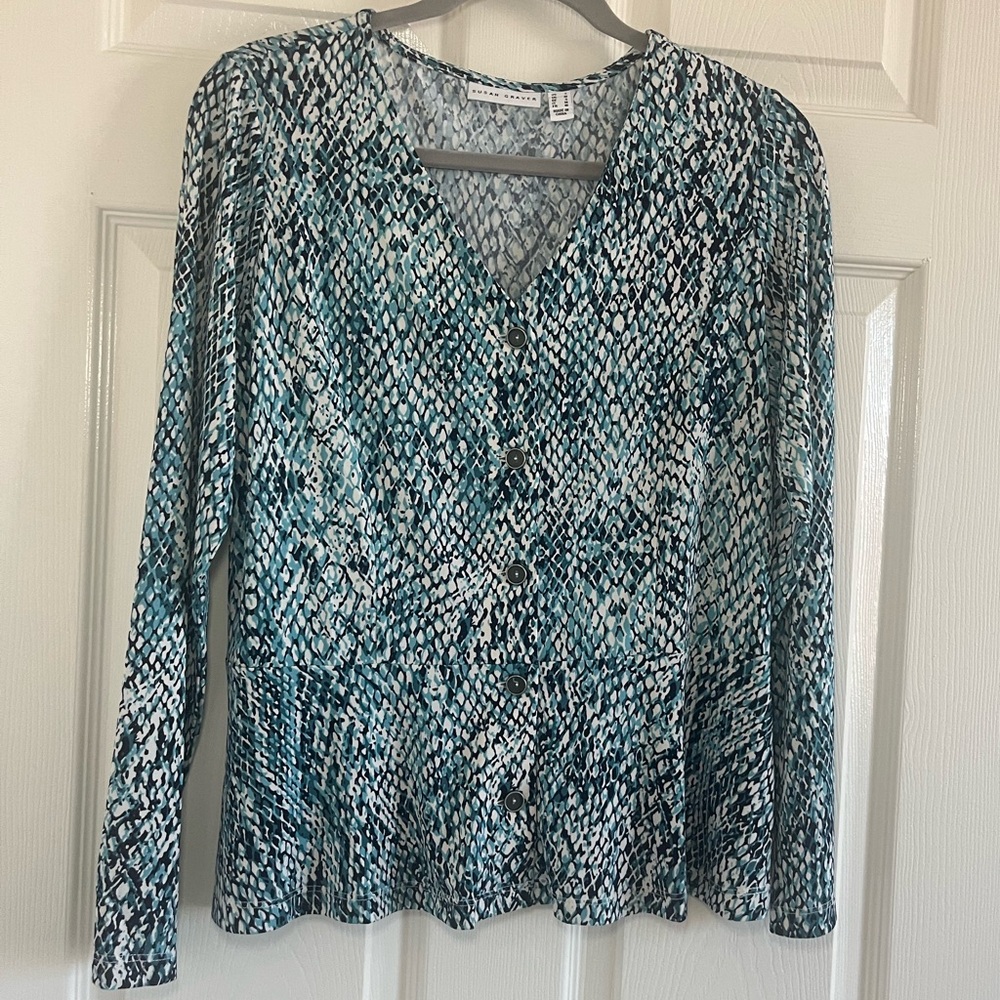 Susan Graver Teal Snake Print V-Neck Peplum Long Sleeve Blouse Size Small